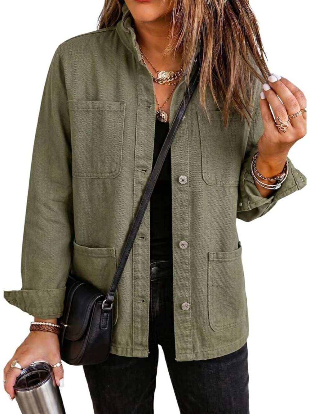 Women's Green Button Down Ruffle Casual Oversized Cropped Jacket with Pockets